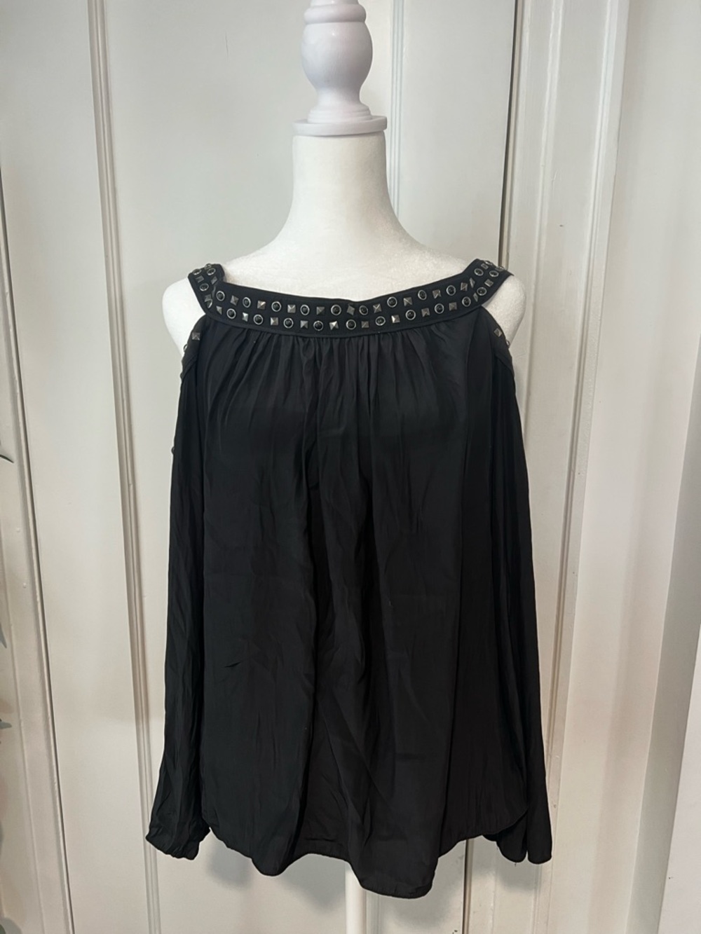 Ramy Brook Black Ruffled Sleeve Top with Gold Logo Tag